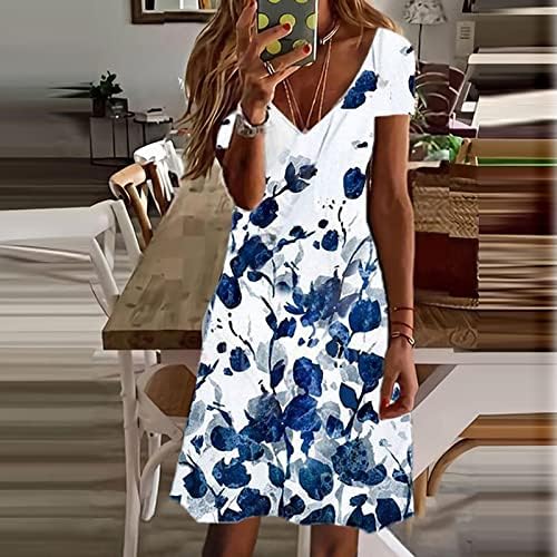 Nokmopo плус големина фустан РЕС за симпатичен цветен краток ракав против вратот лежерна лабава фитла фустан од плажа, мини фустан маица