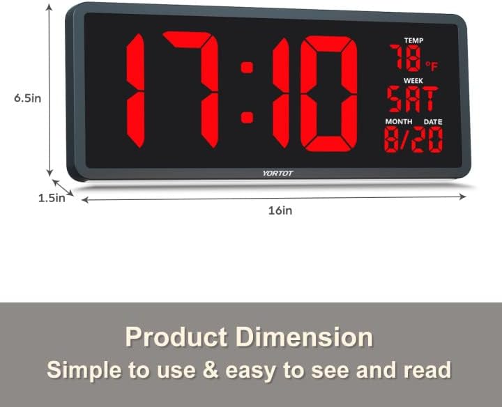 Јортот 16 Голем Дигитален Ѕиден Часовник Со Далечински Управувач - Прилагодлив Затемнувач, 7 Ноќни Светла Во Боја, Голем LED Часовник