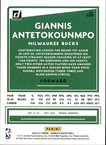Кошаркарска трговска картичка НБА 2020-21 Донрус 104 ianанис Антетокунмпо НМ во близина на нане Бакс