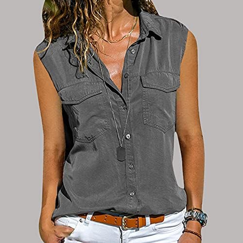 Lcepcy женски летни обични резервоари врвови на јака маица со цврсти блузи без ракави без ракави со џебови