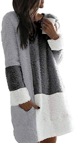 Nirovien женски руно туничен пуловер долг шерпа фустан блок во боја на нејасни џемпери преголеми меки палто со џебови