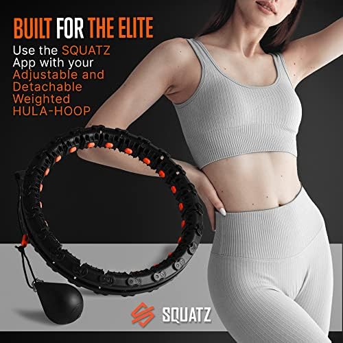 Squatz пондериран паметен хула обрач - вежба за вежбање со 5 ленти за отпорност, 2 комплети тивки лежишта и програма за дигитална фитнес, користете