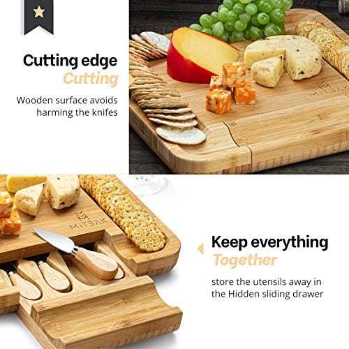 Поддршка за табли со табла Митбак со 4 ножеви со сирење | Табла за табла за сирење од бамбус | Одбор за сечење на табла Одличен подарок за Божиќ, Денот на благодарност?
