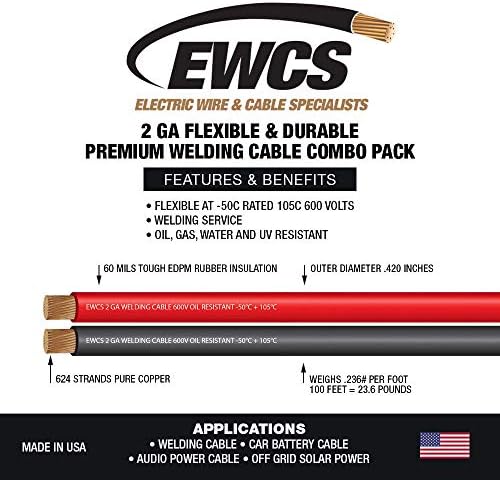 EWCS 2 мерач Премиум Екстра флексибилен кабел за заварување 600 волти комбо пакет - црна+црвена - 25 стапки од секоја боја направена