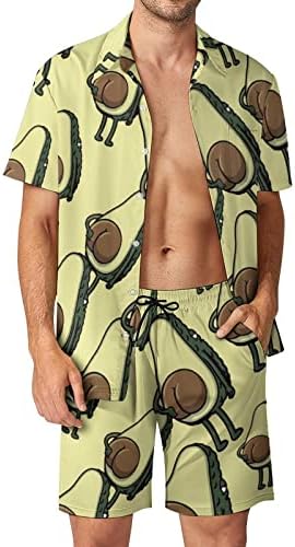 Авокадо задник за машки 2 парчиња облека на плажа на Хавајски копче надолу со кошула со кратки ракави и шорцеви костуми