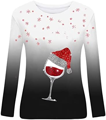 Екипаж џемпер жени, весела Божиќна кошула, симпатична чаша за вино, Xmas Hat Graphic Pullover Tops