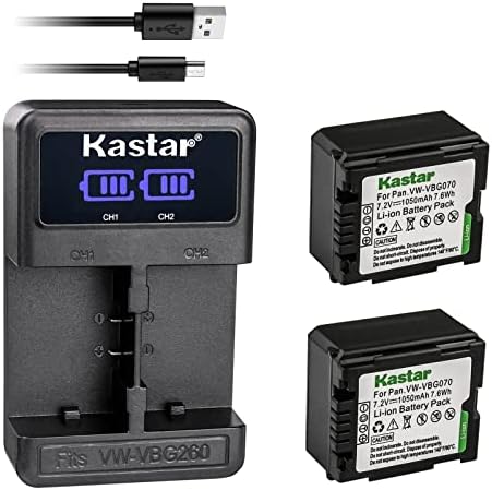 Kastar 4-Pack VW-VBG070 Батерија и LED2 USB полнач компатибилен со Panasonic SDR-H80A SDR-H80K SDR-H80P SDR-H80PC SDR-H80R SDR-H80S