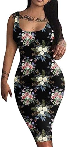 Lmе женски женски фустан без ракави на вратот, фустан од каросерија 2023 лето моден цветен печатење моливи на коленото, должина