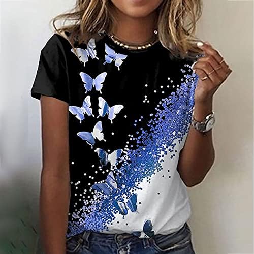 Женски пеперутка цветни печати врвови со кратки ракави на екипажот на вратот на вратот, обични маици, лето лабава вклопена блуза врв
