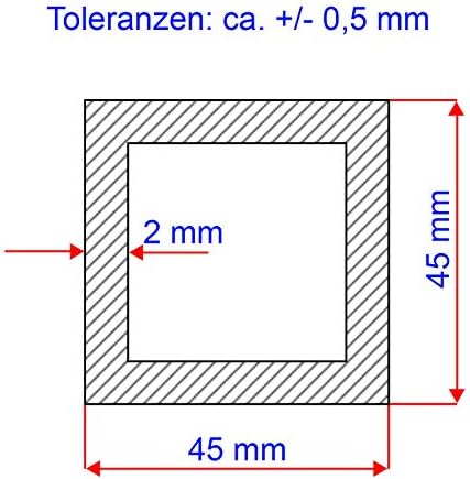 Одговара На метална алуминиумска квадратна цевка, AlMgSi0, 5, 45 x 45 x 2 mm, должина: 2.000 mm + / - 5 mm, EN AW - 6060 квадратна