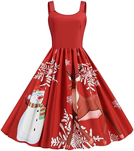 Christmasенски Божиќен фустан без ракави со ракави 50 -ти Гроздобер лажички фустан за вратот за замав, коктел забава, облечен во линијата фустан од линијата