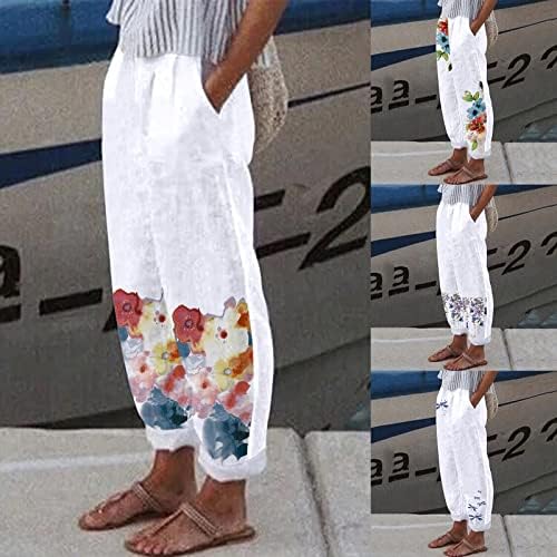 Женски затегнати широки нозе палацо панталони цветни печатени памучни постелнина случајни лабави летни панталони на плажа со џебови