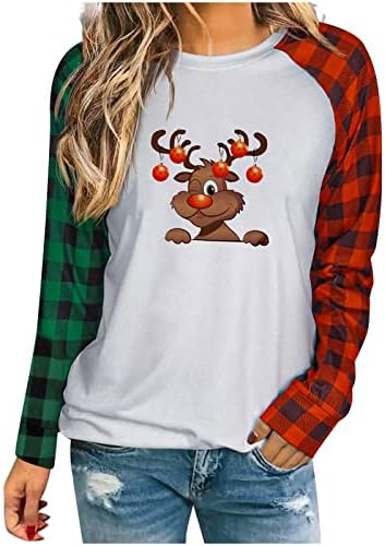 Среќен Божиќен Пуловер Врв За Жени Карирана Крпеница Кошули За Печатење На Новогодишна Елка Со Долги Ракави Лабава Секојдневна Блуза