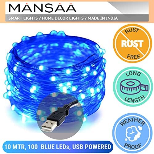 Mansaa M6 USB LED String Light | 10 метри 100 LED диоди | Сина боја | USB оперирана | Домашен декор предводена светлина