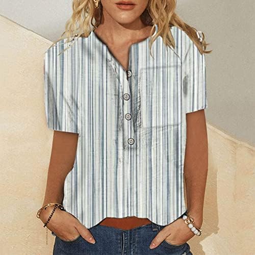 Мода Хенли кошули за жени обични ленти со кратки ракави со кратки ракави 2023 летни лабави блузи со џеб