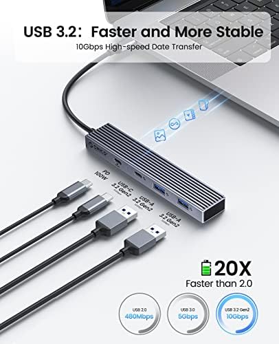 USB - C 3.2 Hub, ОРИКО 4-во-1 USB 3.2 Gen2 10gbps Мултипорт Адаптер За Лаптоп, USB Сплитер со 1 USB C, 2 USB A, 100w PD Полнење За Macbook