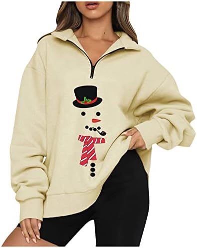 Foviguo Преголем забавен колеџ пуловер жени Божиќ со долг ракав патент опуштена фит блуза со цврста боја на вратот V-врат