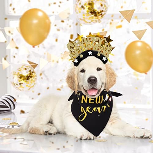 3 парчиња новогодишна кучиња Бандана лак и лента за глава среќна нова година кучиња костуми капа и лак јака за кучиња црна и златна
