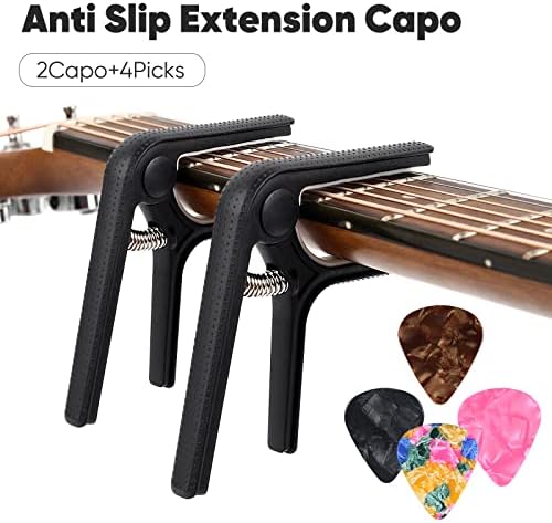 Гитара Капо, црна пластична челична капо за акустична гитара и електрична гитара и укулеле, 2 капо пакет и вклучуваат 4 избор