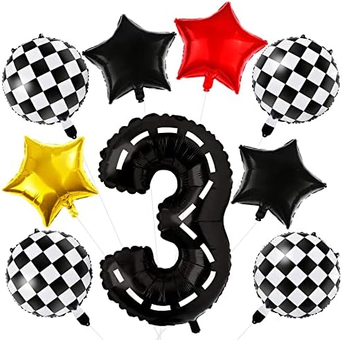 40 инчен Тркачки Автомобил Балони Тркачки Автомобил Тема Роденденска Забава Материјали Трки Број 3 Балон Карирана Ѕвезда Балони 3 Декорации