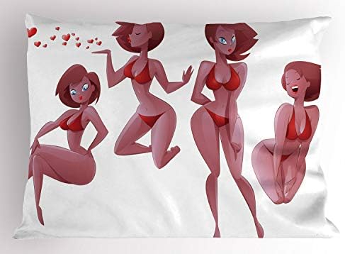 Ambesonne Modern Pillow Sham, Woman In Commwer Girl со loveубов срце женско тело бикини илустрација, декоративна стандардна големина