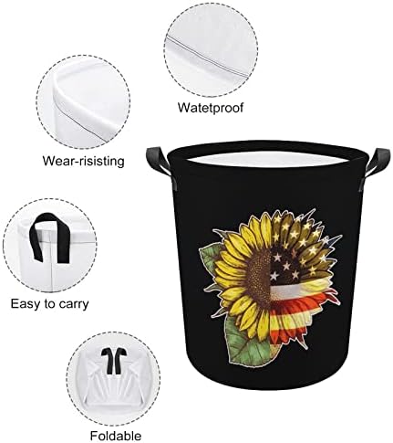 Сончогледот Американско знаме за преклопување корпа за перење водоотпорна торбичка за складирање со рачка 16,5 x 16,5 x 17