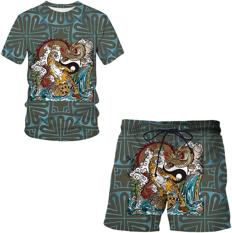 Машка маица за спортски костуми + шорцеви за спортска облека 2 парчиња животински тотем серија 3Д цврста боја печатење кратки ракави врвот