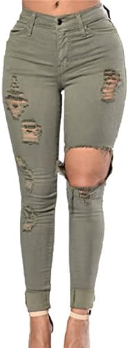 Искинаа фармерки со високи половини за жени тенок вклопување во потресена истегнување молив Jeanан панталони слаби уништени панталони од тексас