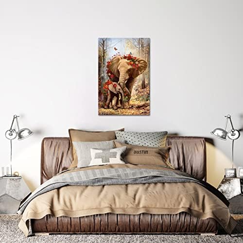 Ihappywall гроздобер слонови сликарство wallид уметност диво животно слон мама и бебе во шума цвет пеперутка пејзаж слика уметнички