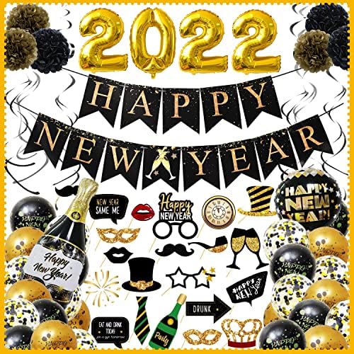 Voiiake Среќна Нова Година Декорации 2022 Комплет, 57 парчиња црни и златни нови години на забавата на забавата 2022 година
