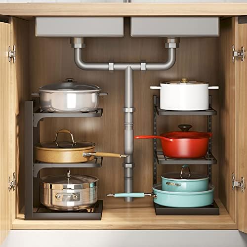 Прилагодлива рак на организатор на тава, под полица за складирање на мијалник, 4 нивоа тави садови држачи за држачи за кујнски кујнски кујнски