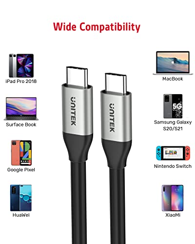 Unitek USB C до USB C кабел 100W/5A, 3,3ft Type C до Type C PD Брзо кабел за полнење со трансфер на податоци 10Gbps и 4K 60Hz