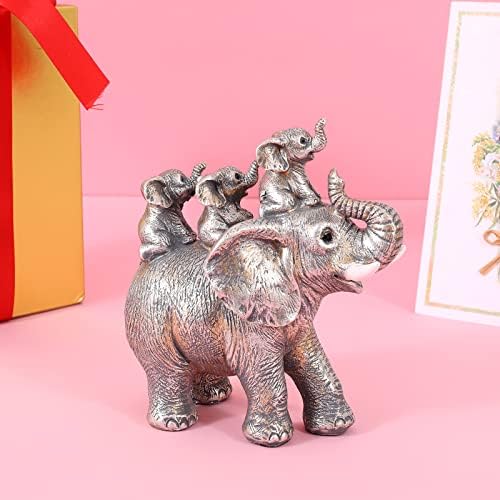Friygardcn симпатична статуа на сребрен слон Статуа Со среќа слон носи три телиња на задните фигурини декор за полица добри подароци