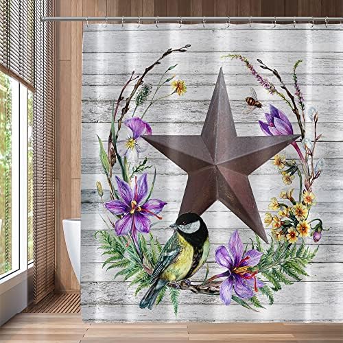 QZJDX примитивна завеса за туширање за бања западен Тексас Starвезда Тропски цвет птица сива дрвена штица фарма куќа земја украси