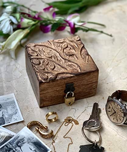 Одличен Роденденски Подарок Рачно Изработена Декоративна Дрвена Кутија За Накит со Резба На Дрво на Животот &засилувач; Заклучување &засилувач;