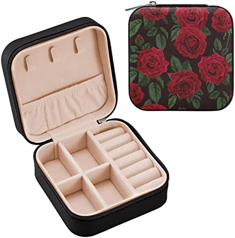 Цветни цвеќиња од црвена роза Црвена цвет, кутија за накит, патувања за преносен накит за прстен, приврзоци, обетки, ѓердан, кутии