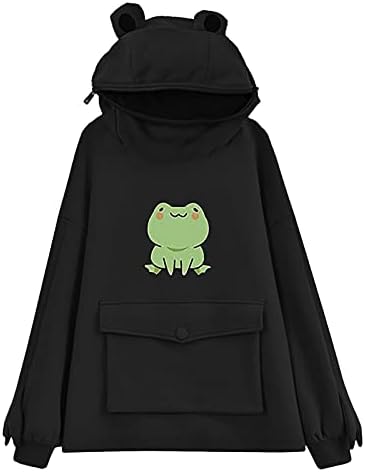 Ubst симпатична жабичка качулка пуловер со голем преден џеб, паѓаат женски/девојчиња патенти со качулка со качулка.
