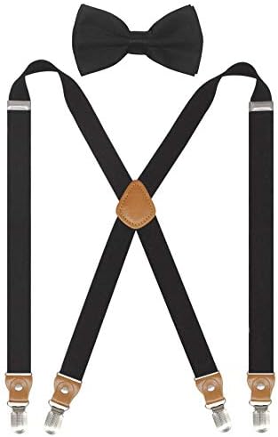 Долоиз суспензии мажи и жени Bowtie Set x Back Suspender за свадба и формални настани со еластични загради со ширина од 1 инчи