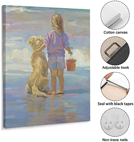 Постери русокоса девојка и нејзиниот златен ретривер на плажа масло сликарство детска соба wallидна уметност платно wallидна уметност за дневна