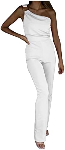 lcepcy Едно рамо џемпери за жени модни ленти без грб тело каросерија цврсти долги панталони со џебови со џебови