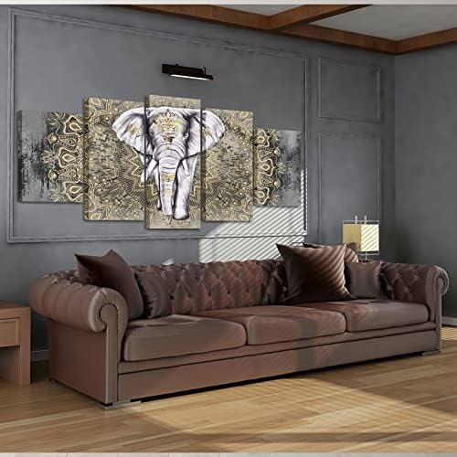 Fushvere 5 панел мандала слон платно сликарство голем племенски индиски слон со бохо paisley слика печатење за дневна соба спална соба