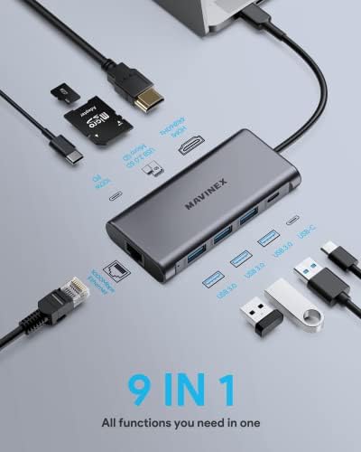 USB C Центар 9 во 1, MAVINEX 4K HDMI USB C Докинг Станица, 100w Испорака На Енергија, 5GBPS USB-C Порта За Податоци, 3 USB 3.0 Порти, MicroSD/TF, 1gbps Етернет Адаптер За MacBook, DELL XPS, Повеќе Тип C Уреди