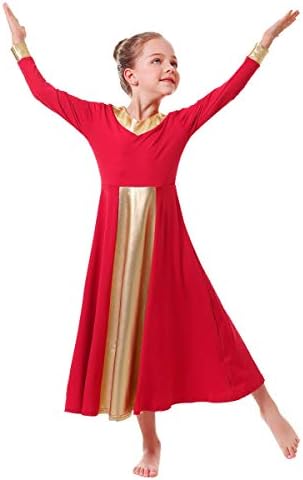 Owlfay деца девојки металик злато v-врат со долг ракав пофалби танцувачки фустани лабаво вклопени литургиски лирско богослужба здолниште
