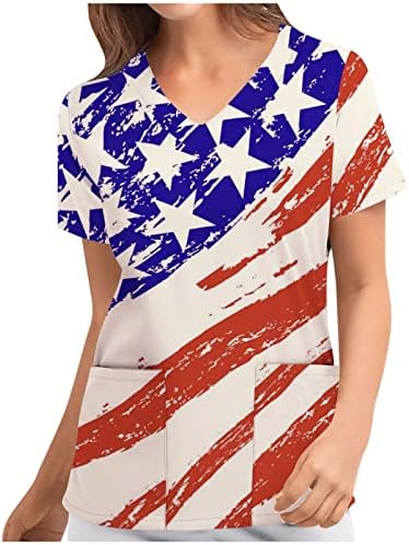 Денот на независноста Работа на врвови, женски американски знамиња маички starsвезди ленти краток ракав против вратот 4 јули џеб мета