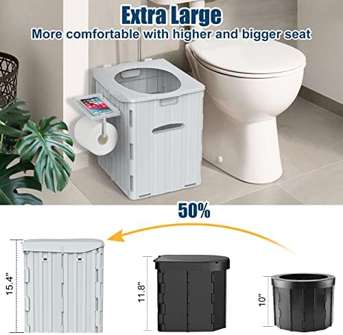 XL преносен тоалет за возрасни екстра голем, 15,4 h преклопен кампување тоалет со одвојлив телефонски полица и држач за тоалетна хартија, водоотпорна