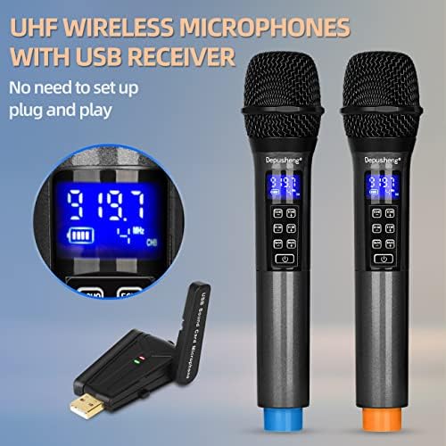 USB безжичен микрофон на Depusheng со ехо, високи, бас и Bluetooth, 98 ft опсег, UHF преносен рачен динамичен микрофон систем,