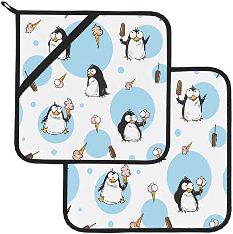 Среќен пингвин Цртан филм Топло влошки држачи држачи за тенџере со топлина Под јамки 2 парчиња квадратни тенџере за држачи 8 × 8 инчи за