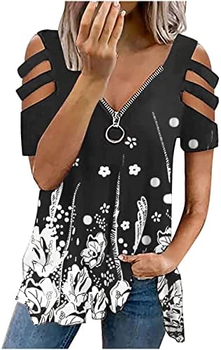 Летна маица за жени за жени Zipper v вратот ладно рамо на рамото на врвот на цветните печатени лабави блузи Туника на врвови за хеланки