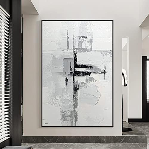 Слики со масло на рачно насликани со платно - Апстрактна уметничка wallидна слика со дебела текстура црно -бел мурал трем вертикално wallидно