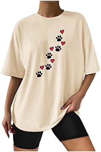 Куче шепа loveубов срцева печатена маица Топ жени кратки ракави екипаж блузи се релаксираат вклопуваат кучиња lубовници кошули обични